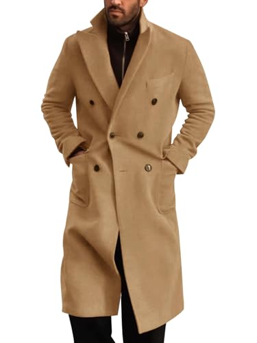 Runcati Mens Wool Blend Casual Trench Coat Notched Collar Lapel Long Jacket Double Breasted Classic Winter Overcoat
