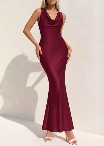 Image of KIRUNDO Womens Cowl Neck Sleeveless Bodycon Satin Maxi Dress | Formal Silk Long Dresses, Mermaid Hem, 2026 Summer Elegant Wedding Guest Cocktail Party Fall Outfits