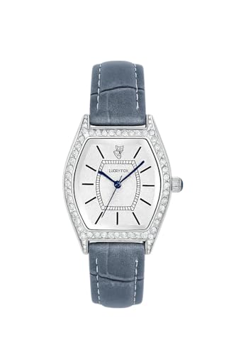 ALCENTIS Montre Femme Bracelet en Cuir, Boîtier Tonneau Cerclée d’Une rangée de Petits Cristaux Transparents, Cadran Blanc (Bracelet Gris Bleu)