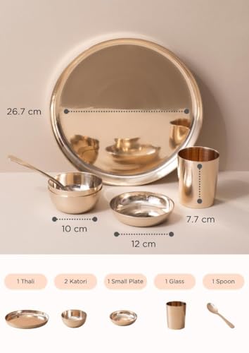 Image of Indian Dining Collection Bronze Dinner Set for Traditional Meals | Handcrafted Kansa Thali Set with Bowls, Glass (Gloss Finish | 6-Piece (Serves 1))