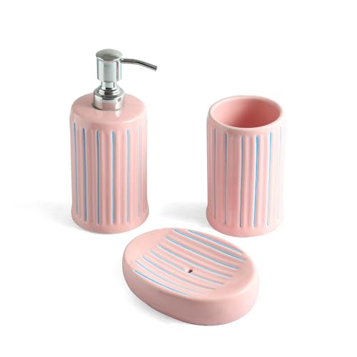 Image of ExclusiveLane 'Blush Elegance' Ceramic Soap Dispenser Set for Bathroom Wash Basin Bathroom Accessories Set of 3 (Liquid Soap Dispenser, Toothbrush Holder, Soap Tray Holder, Hand-Carved)