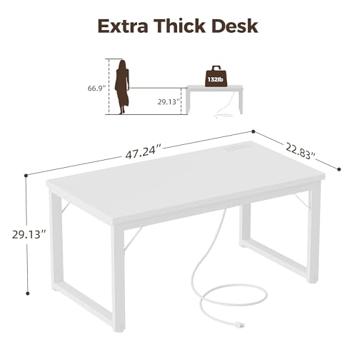 Image of Mericonia 48 Inch Computer Desk with Power Outlets, 1.2 inch Thick Office Table | Modern Simple Style, Heavy Duty Industrial Frame, Small Study & Writing Table for Home Bedroom Work, White