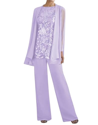 Image of 3 Pieces Mother of The Bride Dresses Pant Suits - Lace Chiffon Long Sleeve Grandmother Dresses with Jacket