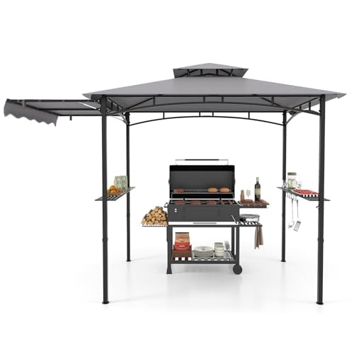 FANTASK Grillpavillon mit Seitenmarkise, 2 Seitenregalen & Haken, Doppeldach wetterfest, Grillunterstand Garten Partys, Gartenpavillon BBQ Pavillon, Grillüberdachungen, 318x153x250 cm (Grau)