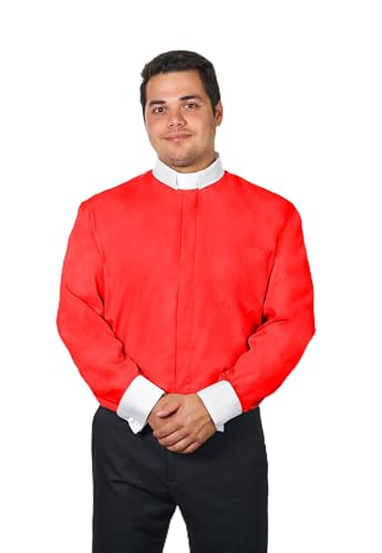 FOR HIS SERVICE Mens Contrast Tab Collar Clergy Shirt Long Sleeves Red with White 15-15 1/2 34/35