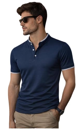 Image of Dagcros Men Polo T-Shirt, with White Trim, Short Sleeve, Button Collar Tshirt for Mens