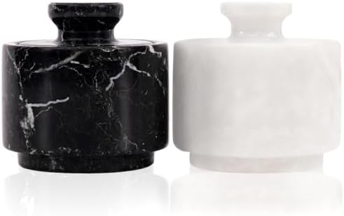 MARBLOUS KRAFTS Marble Salt Cellar with Lid 3" White and Black Ze...