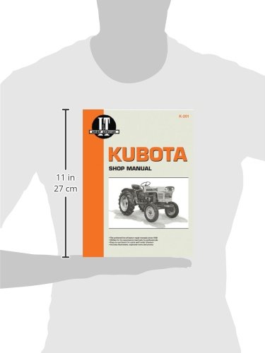 Image of the Kubota Shop Manual K-201 held by a person, illustrating its approximate size (11 inches / 27 cm).