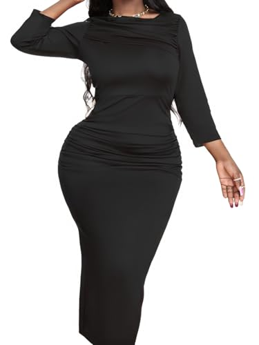 Women's Sexy 3/4 Sleeve Midi Dress Ruched Bodycon Solid Evening Party Vintage Church Dresses2