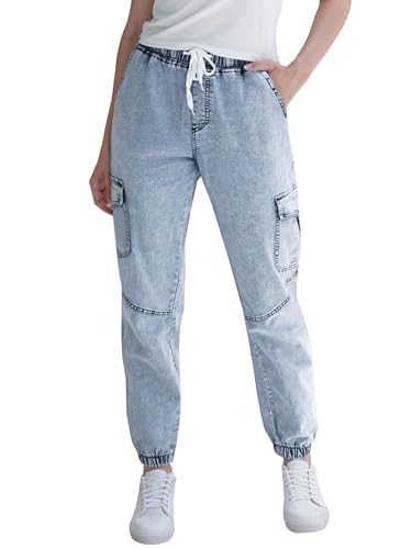 Women's Cargo Joggers Pants with Pockets - High Waisted Elastic Waist Jeans with Drawstring, Stretchy Comfort Fit