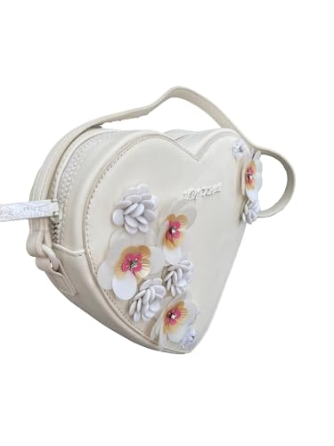 Betsey Johnson Luv Betsey XO HEART Crystal Jeweled White Multi Colored 3D Flowers Garden Party, Wedding, Ivory Vanilla Faux Leather Small Top Handle Adjustable Detachable Web Strap Crossbody4