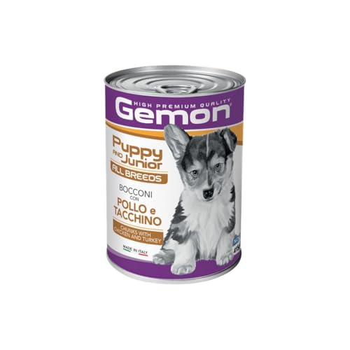 Gemon Umido Cane Puppy e Junior All Breeds gusto POLLO e TACCHINO, bocconi per cani cuccioli, alimento completo, 12 scatolette da 400 grammi l’una.