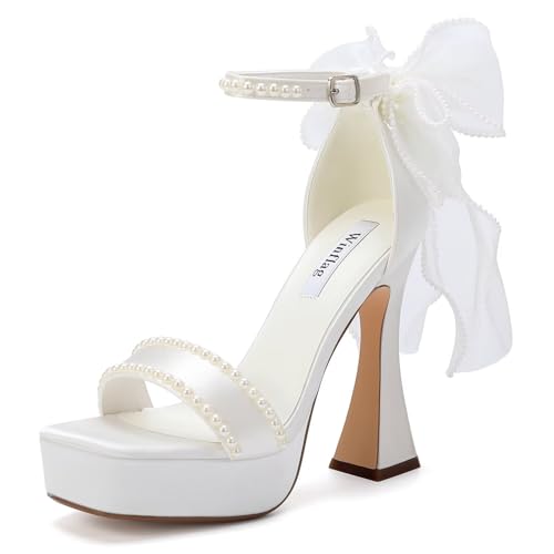 Winflag Platform Heels Wedding Shoes for Bride with Bow Pearl Bridal...