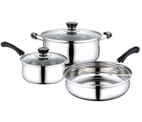 Kitchen Cookware Sets, 3 Pcs Cooking Pot Frying Pan Stainless Steel Cookware Set Soup Pot Milk Pan with Glass Lid Kitchen Cooking Tool Cooking Set Cooking Pots