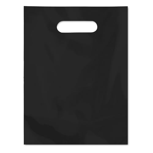Image of Practicon Plastic Merchandise Bag with Die Cut Handle, 9 inch x 12 inch Size, 2 Mil Bag, 100 Pack, Black