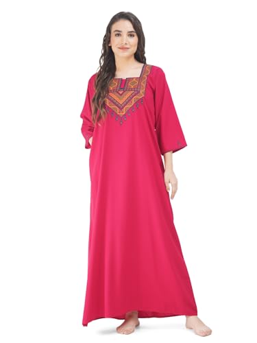 Image of Lissybissy Cotton Women Gown - Free Size with Side Pocket | Embroidery Full Sleeve Sleepwear | Loose Fit, Breathable, Comfortable & Soft Fabric Night Dress | Ideal for Gifting