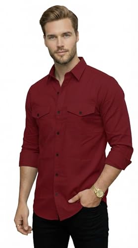 Image of DEELMO Men's Classic Cotton Blend Slim Fit Shirt || Full Sleeve Button-Down Casual Shirt with Dual Flap Pockets || Soft Breathable Fabric || Ideal for Office Party and Everyday Wear