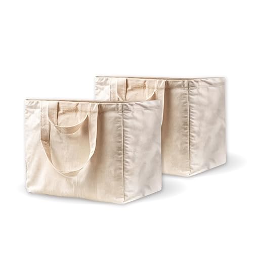 QIPHA Bolsa de comestibles reutilizable: las bolsas de lona son de gran tamaño, resistentes y plegables. Las únicas bolsas con una parte inferior rígida extraíble., Beige
