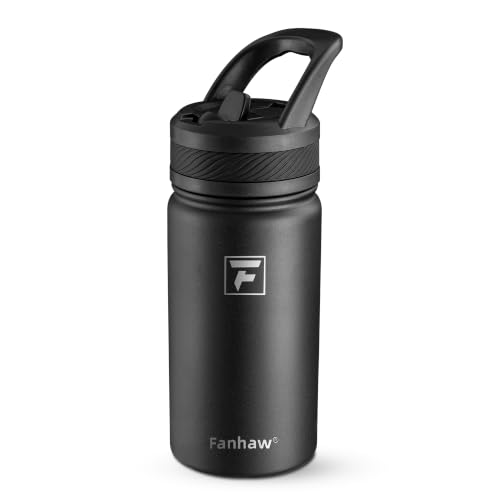 Fanhaw 14 oz Kids Water Bottle for School, Insulated Water Bottle with Straw Lid, Stainless Steel Vacuum Insulated Bottle for Boys & Girls, Leak-Proof, BPA Free(Black)