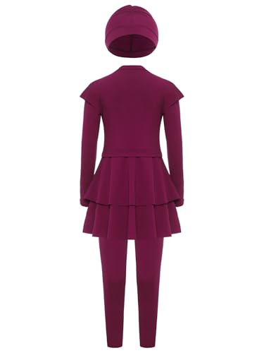 Kids Girls 3-Piece Hot Spring Beach Solid Color Swim Dress Pants and Hat Set Sun Protection Swimsuit2