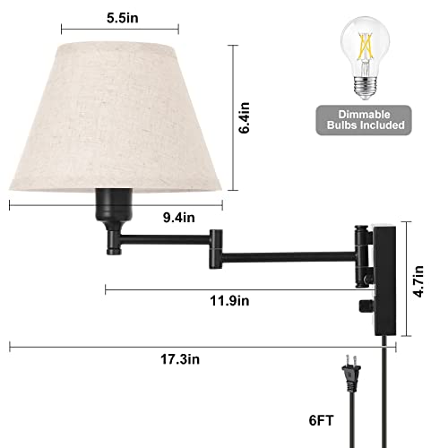 Trlife Wall Sconce Plug In, Dimmable Wall Sconces Set Of Two Swing Arm Wall Lights With Plug In Cord And On/Off Dimmer Rotary Switch, 9.4" Medium Beige Fabric Shade(2 Pack, 2 Bulbs) #TOP2