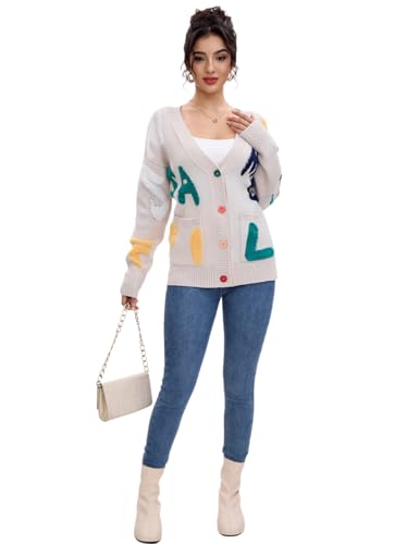 Image of Women's Sheep Embroidered Sweater V-Neck Cardigan - Cable Knit Open Front Coat with Rainbow Buttons Sweater Coat Outwear