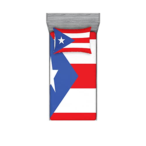 Ambesonne Puerto Rico 2 Pack Fitted Sheet & Pillow Sham Set, Flag with Stripes Star, 4 Pcs Bedding Decor, Package Contains 2 Twin Size Fitted Sheets & 2 Pillow Covers, Vermilion Blue