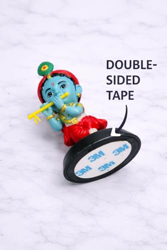 Image of Baby Krishna Blue Tone Car Dashboard Idol with Flute - Premium Hand-Painted Lord Krishna Murti for Car Dashboard, Home & Office Decor with Double-Sided Tape Base