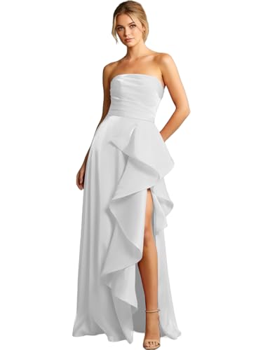 Women's Strapless Tulle Prom Dresses Long Ball Gown Puffy Pleated Ruffles Ruched Formal Party Dress...