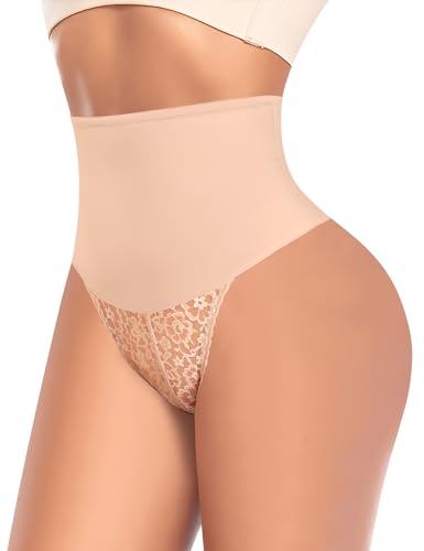 Image of Werena Thong Shapewear for Women Tummy Control Seamless High Waist Body Shaper Underwear Shaping Panties(#344 Lace Beige, Small)