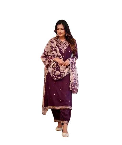Image of Women's Viscose Rayon Kurta, Pant & Dupatta Set Embroidered Work V Neck 3 /4th Sleeves Straight Salwar Suit Dupatta Set || Comfortable Outfit For Wedding
