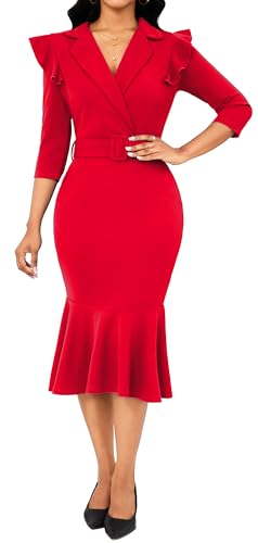Image of Women's Vintage Pencil Dress Wear to Work | Sexy 3 /4 Sleeve V Neck Mermaid Dress for Women Business Cocktail Party Wedding