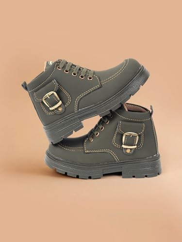 Image of Freeplay Kids Boys Lace-Up Ankle Boots with Buckle Strap | Stylish Casual Outdoor Boots | Anti-Slip Durable Sole | Comfortable Fit | Black, Blue, Green, Tan