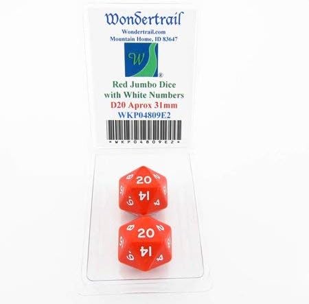 Red Jumbo Dice with White Numbers D20 30mm Pack of 2 Wondertrail