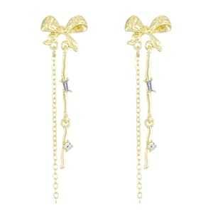 Light Luxury Tassels Long Bow Dangle Earrings for Women Metal Bowknot Drop Earrings Fashion Ear Studs Statement Jewelry