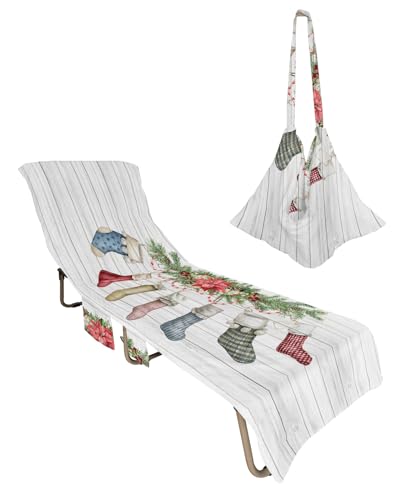 Christmas Stockings Beach Chair Towel Covers for Chaise Lounge with Side Pocket, Soft Plush Pool Towels Cover for Patio Sunbathing Outdoor 29''x85'' Country Vintage Wood Pine