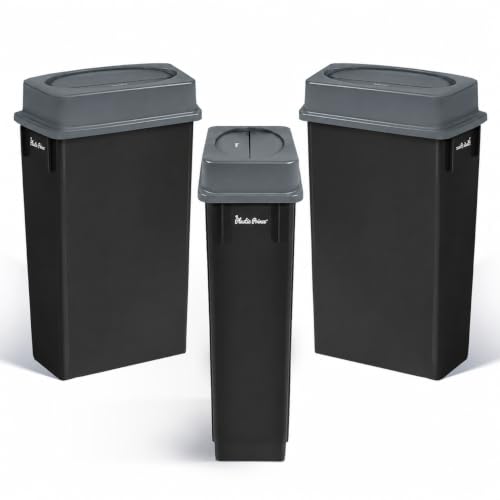 Image of PLASTIC PRINCE 23 Gallon Slim Trash Can with Swing Lid Commercial Rectangular Garbage Can with Drop Shot Lid Waste Bin with Double Flip Top for Restaurant Home Kitchen Office, Black /Gray 3 Pack