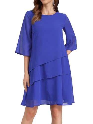 Image of Seta T Women's Chiffon Dresses 3 /4 Bell Sleeve Crewneck Tiered Layered Flowy Dress Party Wedding Outfits