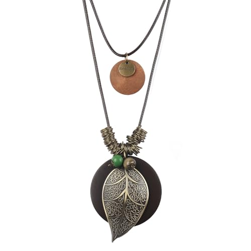 color cosplayer Leather Cord Necklace Vintage Style Wooden Leaf Boho Statement Long Necklace for Women Handmade Jewelry