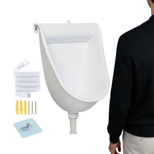 Men Urinal - Wall Mounted Manual Flush Toilet, Heavy Duty 1600g PP Basin, Integrated Drainage Tubing Gear | Portable Hygiene Sta