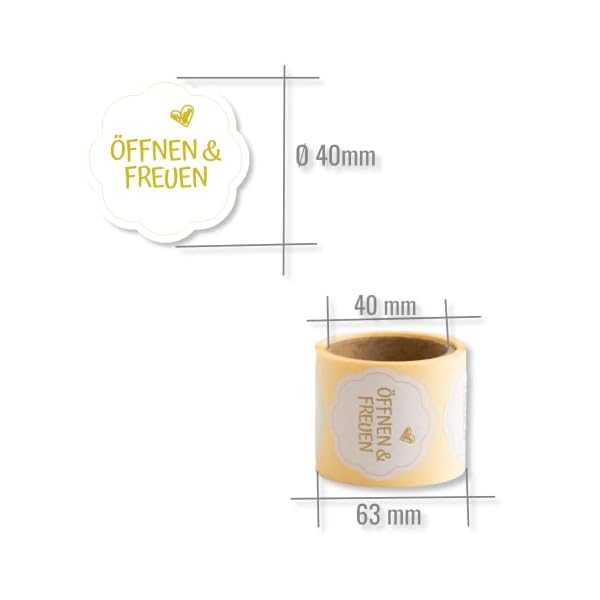Geschenkaufkleber Öffnen und Freuen 100 Stück d40mm - blumenförmige Etiketten auf Rolle, Weiß/Gold – Bild 3