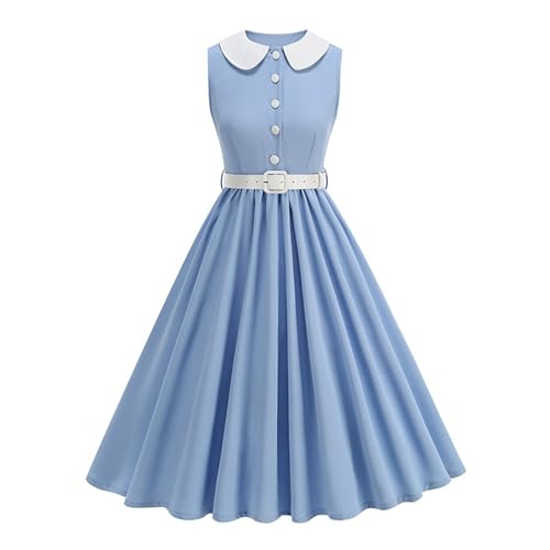 Vestido vintage de los años 50 Rockabilly Swing para mujer, elegante, estilo años 50, estilo retro, acampanado, vestido de cóctel, formal, fiesta de graduación, vestido midi con cinturón, azul, S