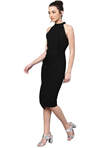 Image of Shasmi Women's Comfortable Red Halter Neck Sleeveless Solid Midi Bodycon Casual Western Stylish Dress
