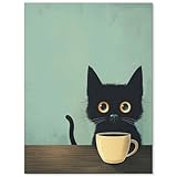 Funny Black Cat Drinking Coffee Canvas Wall Art Vintage Cute Animal Minimalist Prints Modern Bistro Coffee Aesthetic Posters Abstract Cat Lover Preppy Wall Decor for Home Cafe 12x16in Unframed