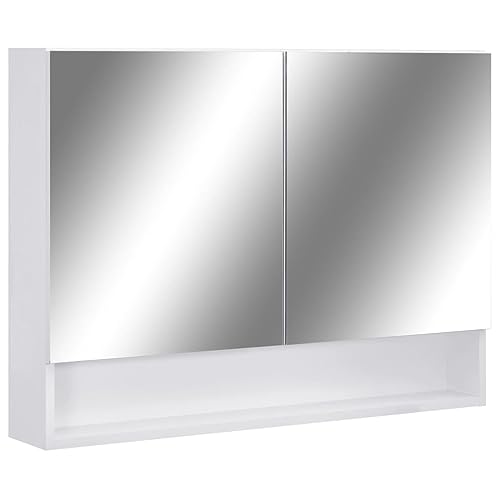 vidaXL LED Bathroom Mirror Cabinet in White, MDF Construction with Ample Storage, LED Strip Lighting Feature and On/Off Button
