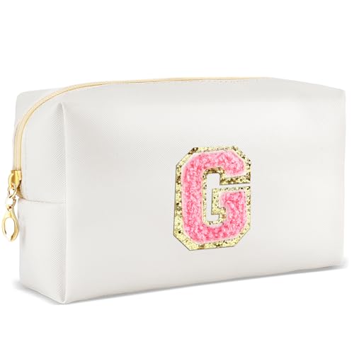 URSKYTOUS Bolsa de maquillaje con inicial personalizada, pequeña bolsa de cosméticos de viaje, bonita bolsa de maquillaje de felpilla blanca de poliuretano para bolso, organizador de artículos de