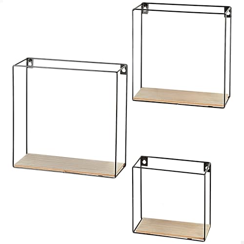 AKTIVE MAX Home Set 3 estanterías de Pared, 25, 22 y 17 cm, Carga máxima 4 kg, Decorativas, Cuadrada, Estructura metálica Negra, De Madera, Estilo Moderno, Salón, Dormitorio, Baño (18469)