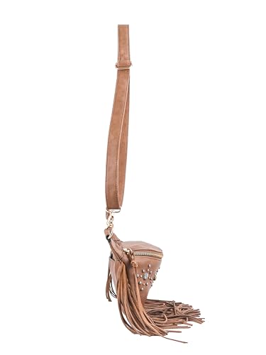 Jessica Simpson Calypso Belt Bag, Stylish Crossbody Purse with Adjustable Strap & Pockets, Almond Brown W/Suede Fringe2