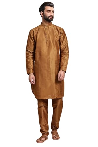 Image of SKAVIJ Men's Art Silk Solid Kurta Pyjama Set Festive Woven Design 2-Piece Ethnic Dress (KP055brown Brown M)