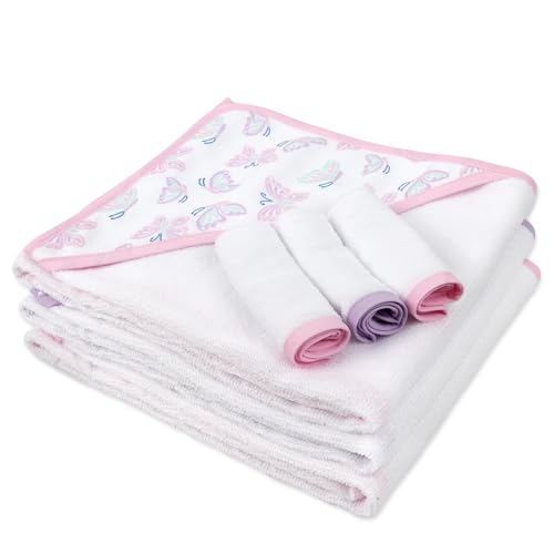 Image of Jessica Simpson Baby 6-Piece Hooded Towel & Washcloth Set - Soft Polyester Baby Bath Towels - Pink & Green Floral Design (Purple Floral Butterflies)